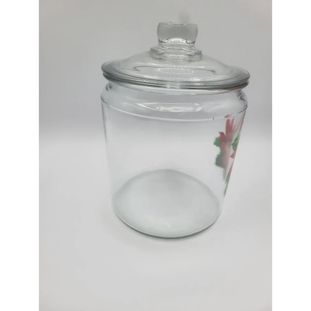 Clear Glass Christmas Poinsettia Canister Jar with Lid Holiday Storage 7in